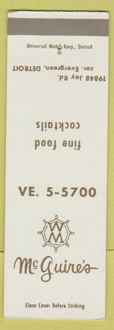 Matchbook Cover - McGuire's Restaurant Detroit MI SAMPLE
