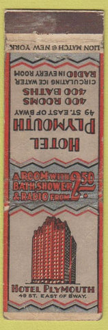 Matchbook Cover - Hotel Plymouth New York City WORN