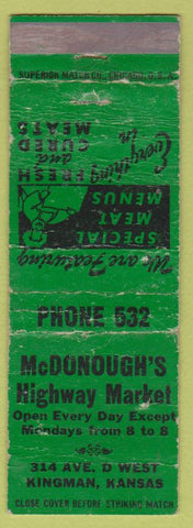 Matchbook Cover - McDonough's Highway Market Kingman KS low phone # POOR