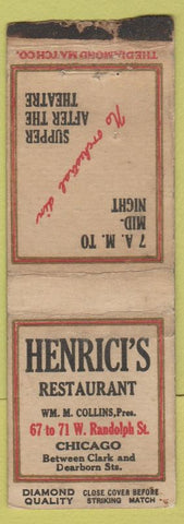 Matchbook Cover - Henrici's Restaurant Chicago IL DQ BOBTAIL LONG