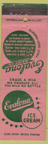 Matchbook Cover - Evalona Ice Cream Milk Denver Colorado WORN