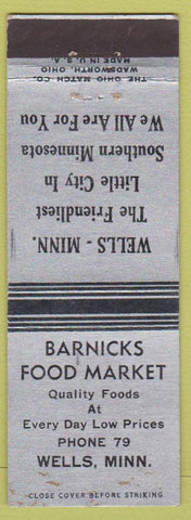 Matchbook Cover - Barnicks Food Market Wells MN grocery low phone #