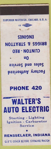 Matchbook Cover - Walter's Auto Electric Rensselaer IN REO Briggs Stratton