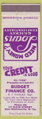 Matchbook Cover - Budget Finance New Martinsville WV