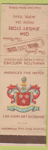 Matchbook Cover - Gem Jewelry Store Hamilton Watches Jasper TX low phone WEAR