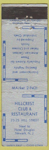 Matchbook Cover - Hillcrest Club Restaurant Newark NJ