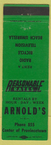 Matchbook Cover - Arnold's Rentals Provincetown MA low phone #