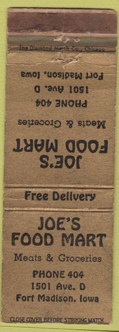 Matchbook Cover - Joe's Food Mart Fort Madison IA low phone WORN