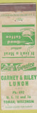 Matchbook Cover - Carney Riely Lunch Tomas WI low phone # WORN