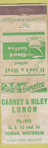 Matchbook Cover - Carney Riely Lunch Tomas WI low phone # WORN