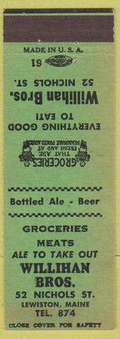 Matchbook Cover - Willihan Brothers Lewiston ME low phone # Grocery
