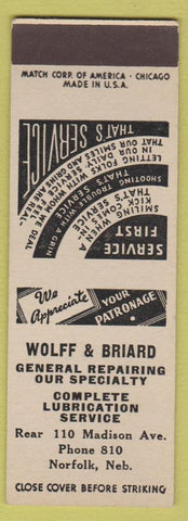 Matchbook Cover - Wolff Briard General Repair Norfolk NE low phone SAMPLE