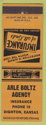 Matchbook Cover - Arle Boltz Insurance Dighton KS low phone #