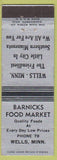 Matchbook Cover - Barnicks Food Market Wells MN low phone #
