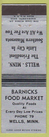 Matchbook Cover - Barnicks Food Market Wells MN low phone #