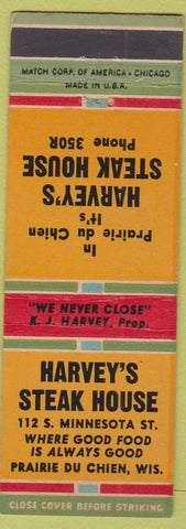 Matchbook Cover - Harvey's Steak House Prairie Du Chien WI low phone #