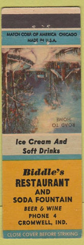 Matchbook Cover - Biddle's Restaurant Cromwell IN low phone #