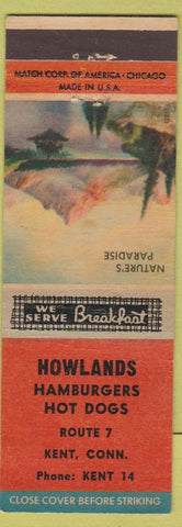 Matchbook Cover - Howlands Hamburgers Hot Dogs Kent CT low phone #