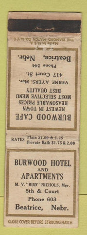 Matchbook Cover - Burwood Hotel Beatrice NE low phone # WEAR