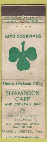 Matchbook Cover - Shamrock Cafe San Diego CA Kind Midas POOR