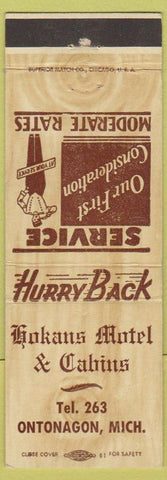 Matchbook Cover - Hokans Motel Cabins Ontonagon MI low phone #
