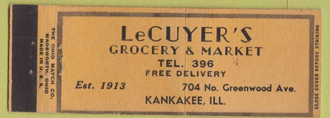Matchbook Cover - LeCuyer's Grocery & Market Kankakee IL low phone #