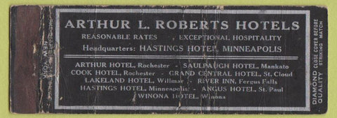 Matchbook Cover - Arthur Roberts Hotels MN St Paul Mankato Fergus Falls DQ WORN