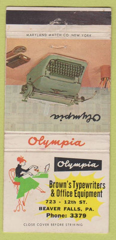Matchbook Cover - Olympia Typewriter girlie Beaver Falls PA WORN 30 Strike