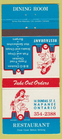 Matchbook Cover - Mother's Method Restaurant Napanee ON girlie 30 Strike