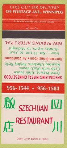Matchbook Cover - Szechuan Restaurant Chinese Winnipeg MB 30 Strike