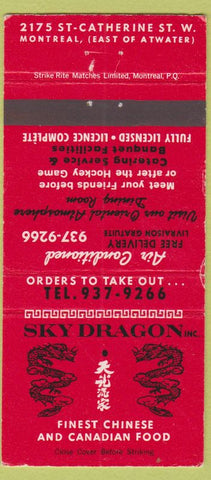 Matchbook Cover - Sky Dragon Inc Chinese Restaurant Montreal QC 30 Strike
