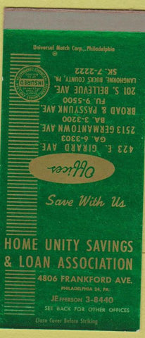 Matchbook Cover - Home Unity Savings Loan Philadelphia PA SAMPLE 30 Strike
