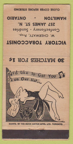 Matchbook Cover - Victory Tobacconist Hamilton ON girlie 30 Strike