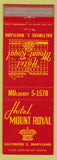 Matchbook Cover - Hotel Mount Royal Baltimore MD