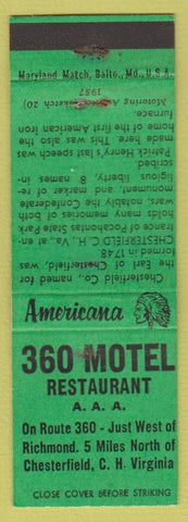 Matchbook Cover - 360 Motel Restaurant AAA Chesterfield VA