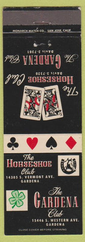 Matchbook Cover - Gardena Club Horseshoe CA poker cards