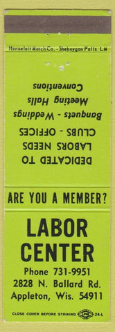 Matchbook Cover - Labor Center Appleton WI