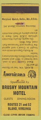 Matchbook Cover - Brushy Mountain Motel Bland VA WEAR