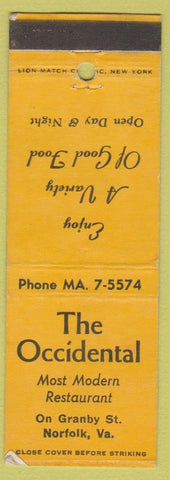 Matchbook Cover - Occidental Restaurant Norfolk VA WEAR