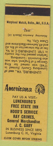 Matchbook Cover - Lunenburg's Free State Inn Lunenburg Court House VA