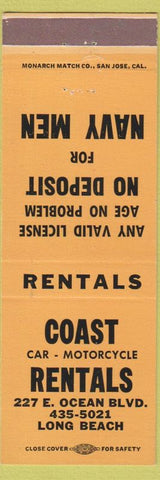 Matchbook Cover - Coast Rentals Car Motorcycles Long Beach CA peach