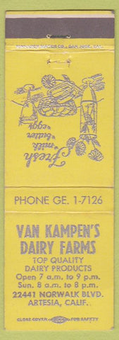 Matchbook Cover - Van Kampen's Dairy Farms Artesia CA