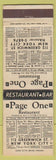 Matchbook Cover - Page One Restaurant New York City