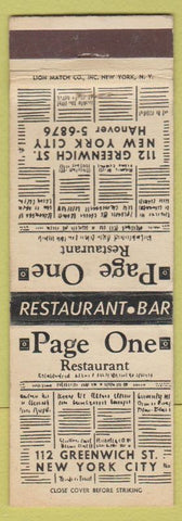 Matchbook Cover - Page One Restaurant New York City
