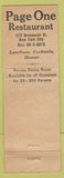 Matchbook Cover - Page One Restaurant New York City