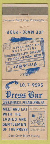 Matchbook Cover - Press Bar Philadelphia PA WEAR