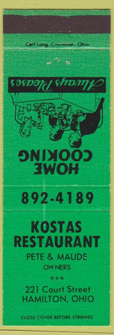 Matchbook Cover - Kostas Restaurant Hamilton OH green