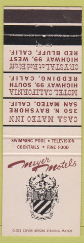 Matchbook Cover - Meyer Hotels Redding CA Red Bluff San Mateo CA