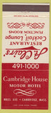 Matchbook Cover - Cambridge House Motor Hotel Cambridge MA 30 Strike