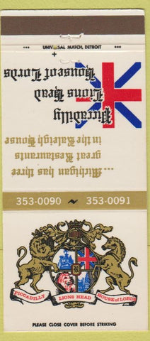Matchbook Cover - Piccadilly Lions Head House of Lords MI 30 Strike
